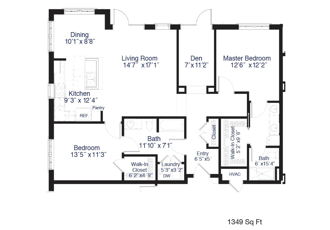 This image is a floor plan of an apartment featuring detailed room dimensions and layout.