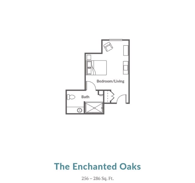 Floor plan of 'The Enchanted Oaks' studio apartment.