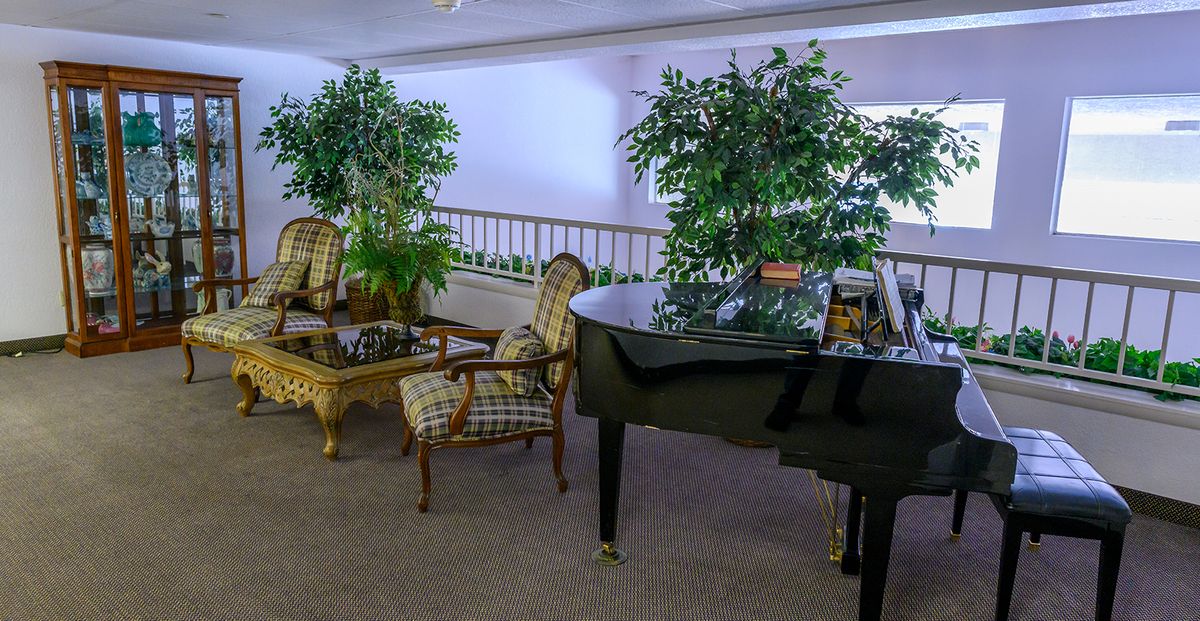 A cozy lounge area featuring a grand piano, arranged with comfortable chairs and lush green plants.