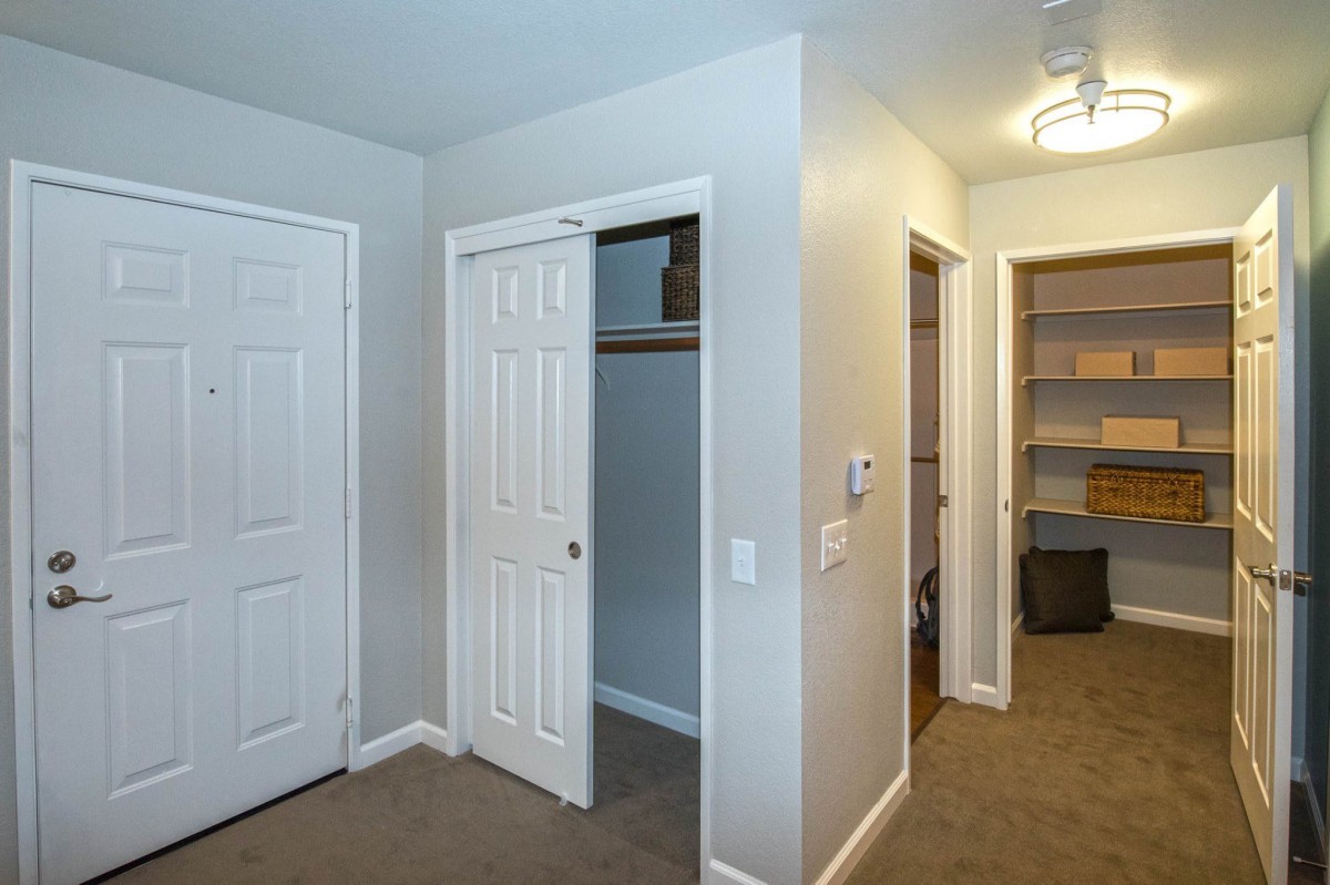 A hallway with open closet doors and a view into another room.