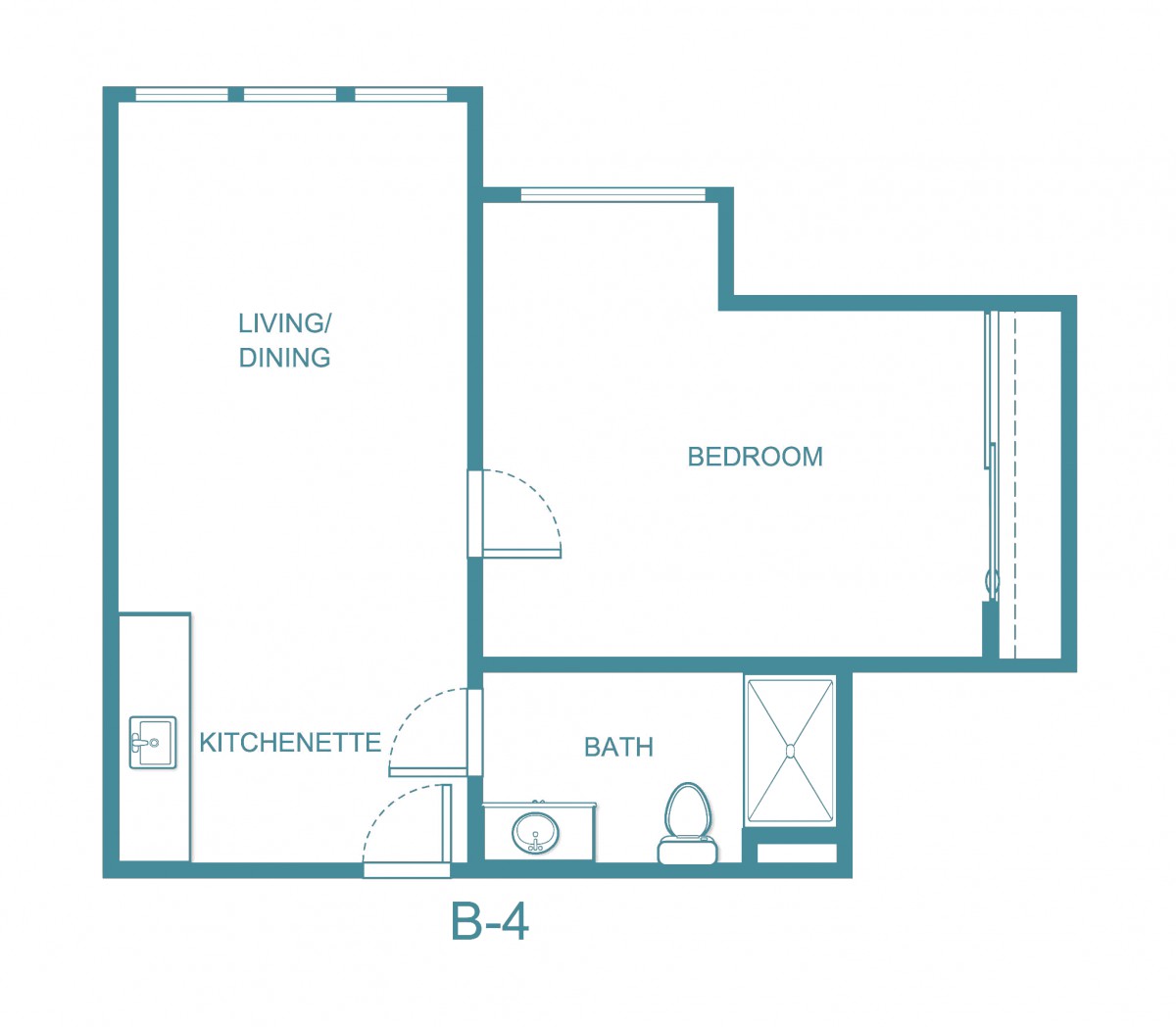 A blueprint of a one-bedroom apartment layout, featuring a living/dining area, kitchenette, bathroom, and bedroom.