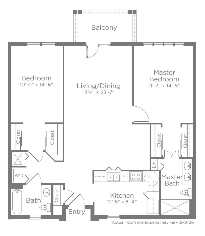 A floor plan of a two-bedroom apartment with a living/dining area, kitchen, master bedroom with en-suite bathroom, second bedroom, additional bathroom, and balcony.
