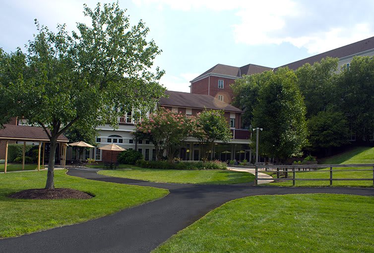 A view of a building surrounded by trees, with a well-maintained lawn and pathway.