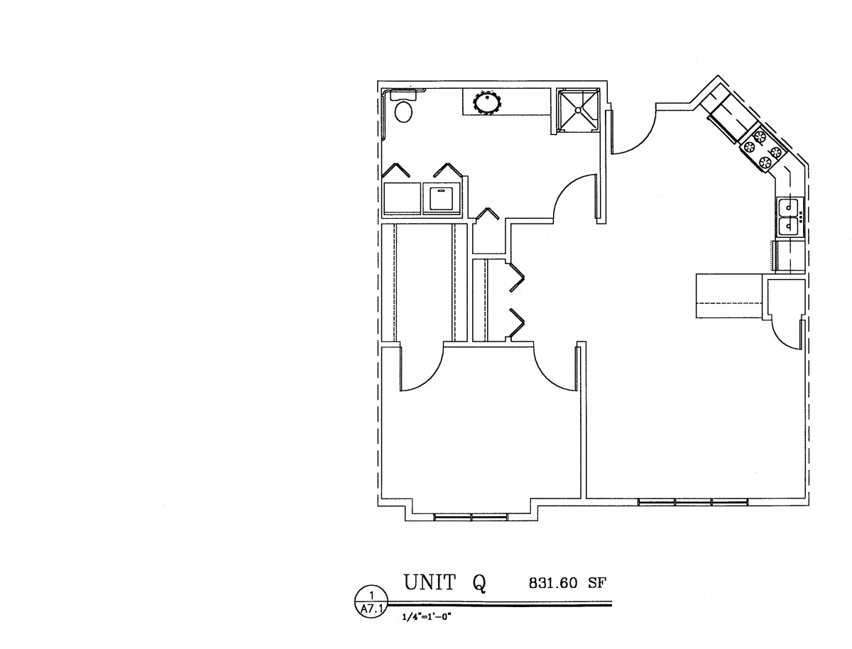 A blueprint of Unit Q showing the layout and design of the space.
