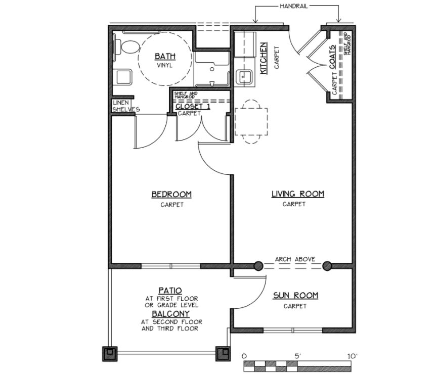 A floor plan of a one-bedroom apartment featuring a living room, kitchen, and bathroom.