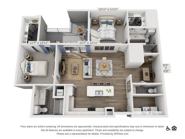 3D floor plan showcasing a modern apartment layout with detailed room arrangements.
