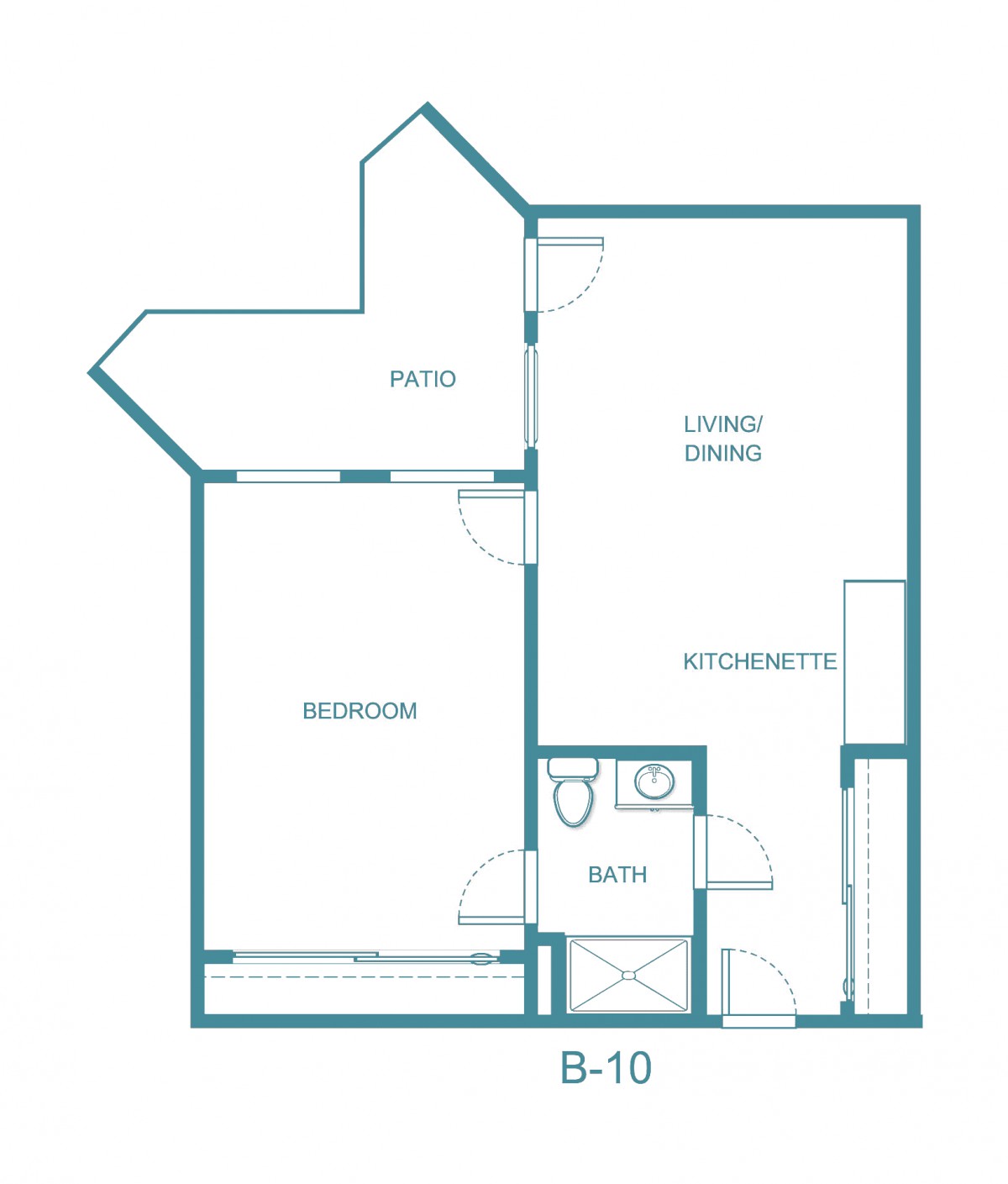 Floor plan of an apartment with a bedroom, living/dining area, kitchen, bath, and patio.