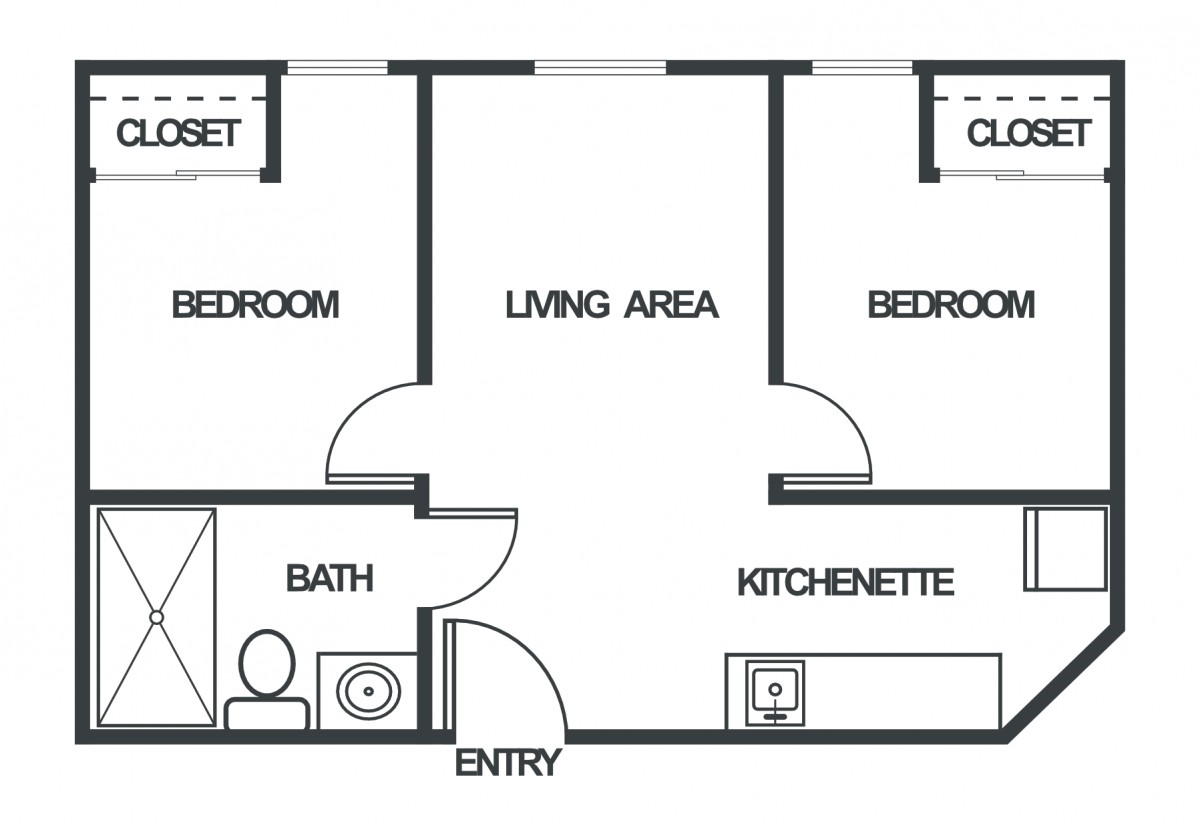 Floor plan of a two-bedroom apartment with living area, kitchenette, bathroom, and closets.