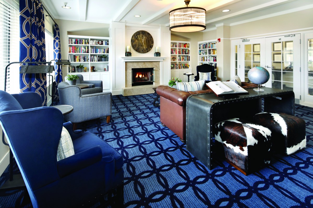 A cozy living room with a fireplace, surrounded by bookshelves and comfortable seating.