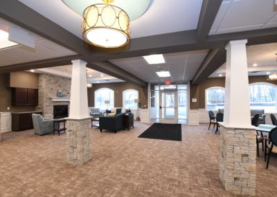 A modern lobby with comfortable seating and elegant lighting.