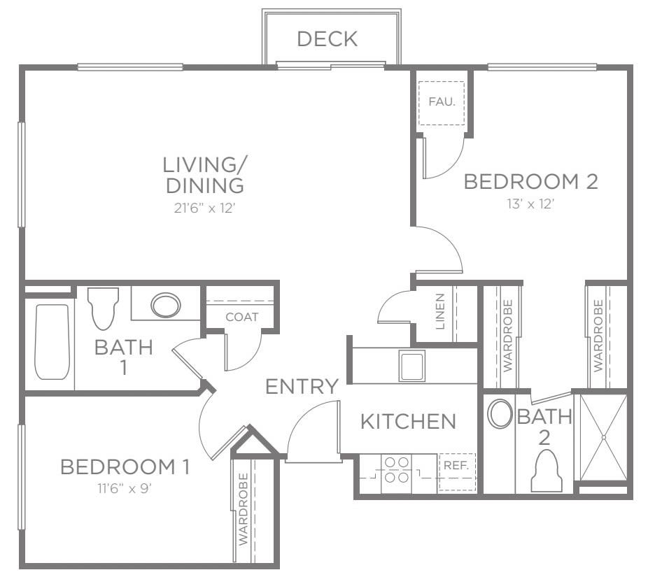 A detailed floor plan of a two-bedroom apartment with living/dining area, kitchen, two bathrooms, and a deck.