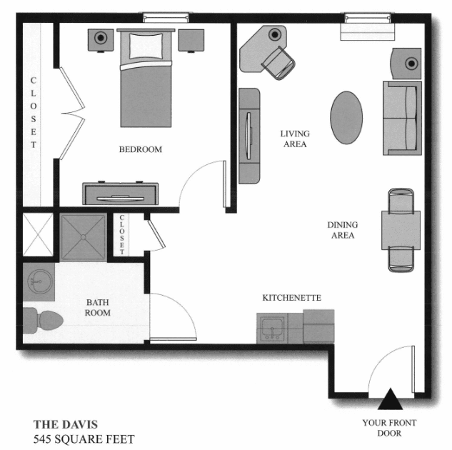 The floor plan of a one-bedroom apartment featuring a living area, kitchen, dining area, and bathroom.