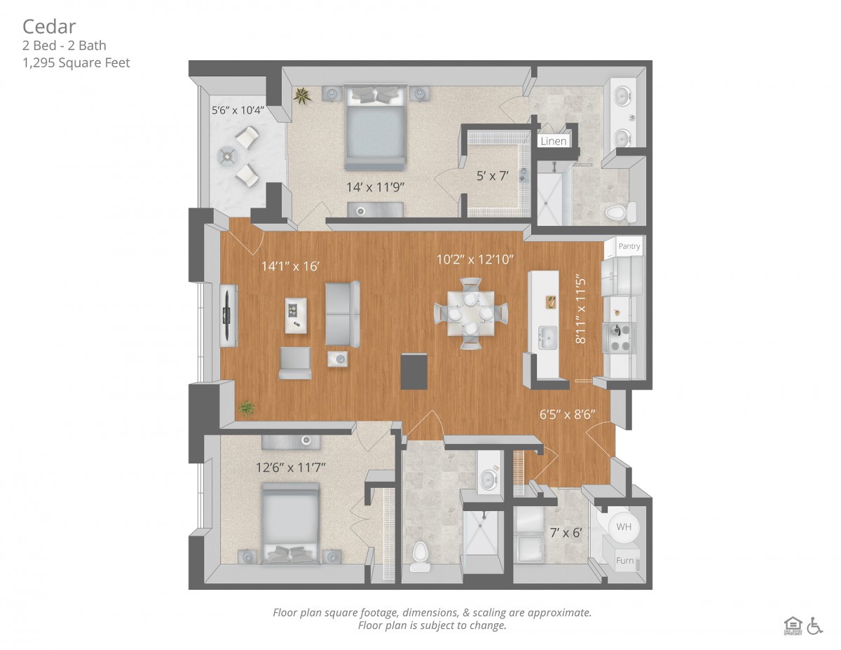 A detailed floor plan showcasing a modern apartment with two bedrooms and three bathrooms.