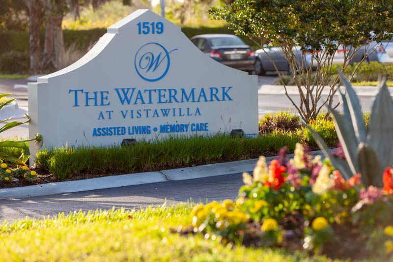 Entrance sign for The Watermark at VistaWilla, featuring assisted living and memory care services.