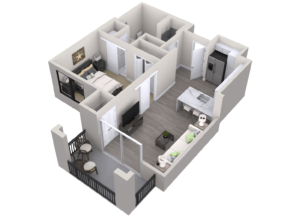 A 3D floor plan of a modern one-bedroom apartment featuring an open living area, kitchen, bathroom, and small balcony.