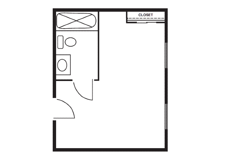 A floor plan showing a small room layout with a bathroom and closet.