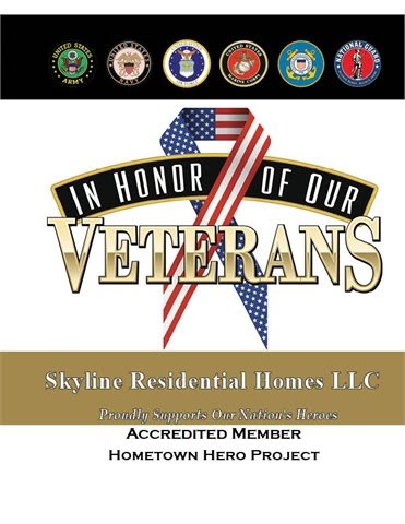 A tribute to veterans by Skyline Residential Homes, featuring a patriotic ribbon and military emblems.