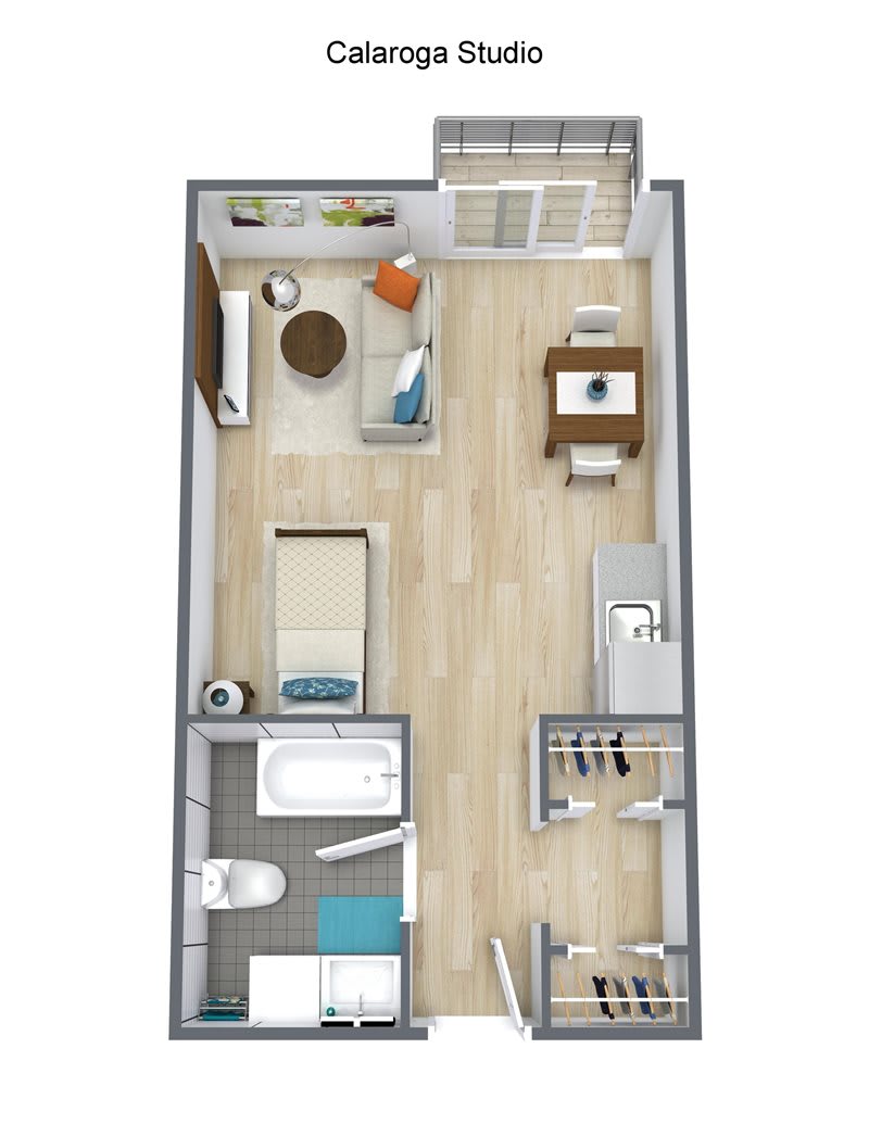 A 3D floor plan of a one-bedroom apartment with an open living area, kitchen, bathroom, and a small office space.