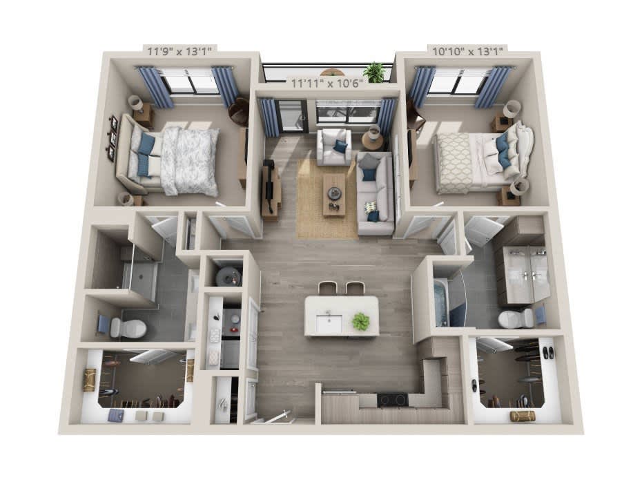 A modern two-bedroom apartment floor plan with a spacious living area and kitchen.