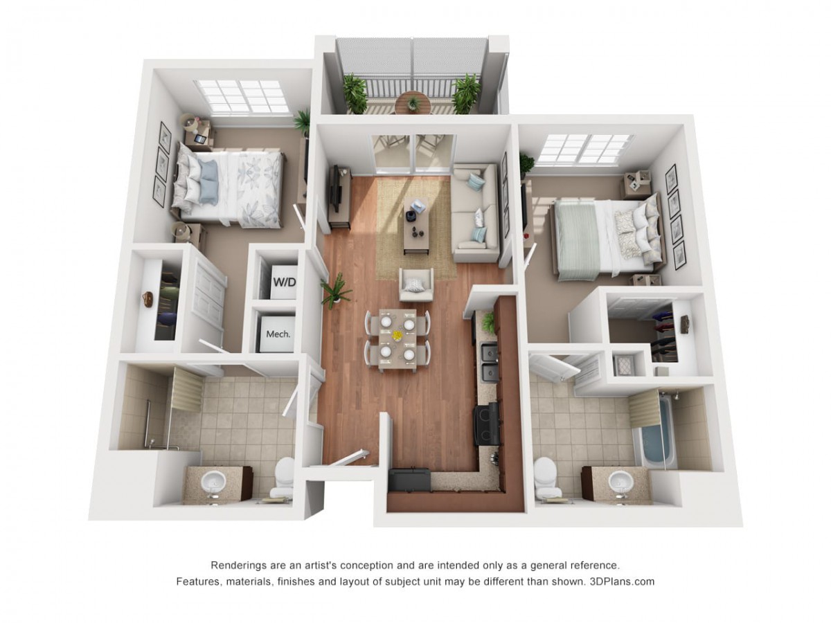 A 3D floor plan of a two-bedroom apartment with a modern layout, featuring a central living area and kitchen.