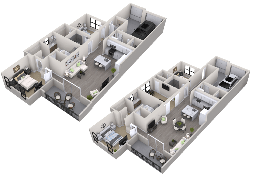3D floor plans of a two-level apartment layout showcasing interior spaces.