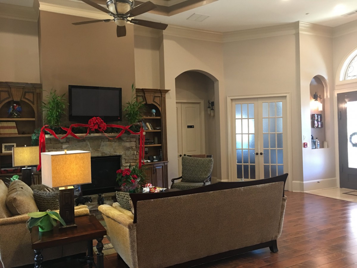 A cozy living room featuring a sofa facing a fireplace and television, with decorative plants and a lamp providing a warm atmosphere.