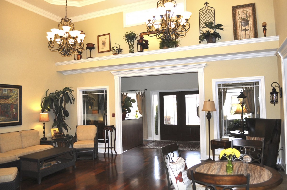 A cozy living room with elegant chandeliers, plush furniture, and decorative plants enhancing the warm ambiance.