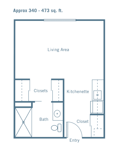 Studio apartment floor plan with a living area, kitchenette, bathroom, and closets.