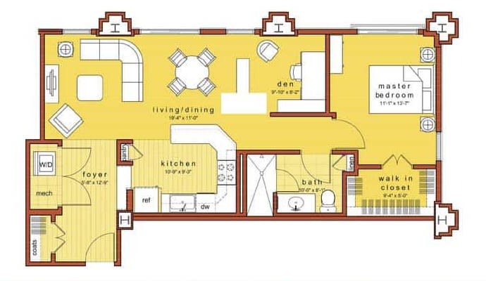 A detailed floor plan of an apartment featuring a living room, kitchen, bathroom, and bedroom.