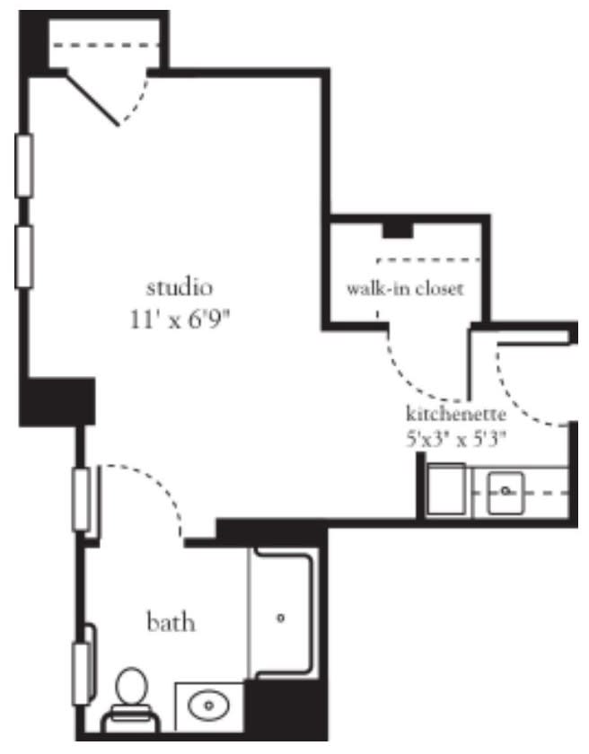 Floor plan of a studio apartment with kitchen, walk-in closet, and bathroom.