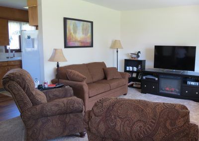 A cozy living room with brown seating furniture, a television, and decorative elements.