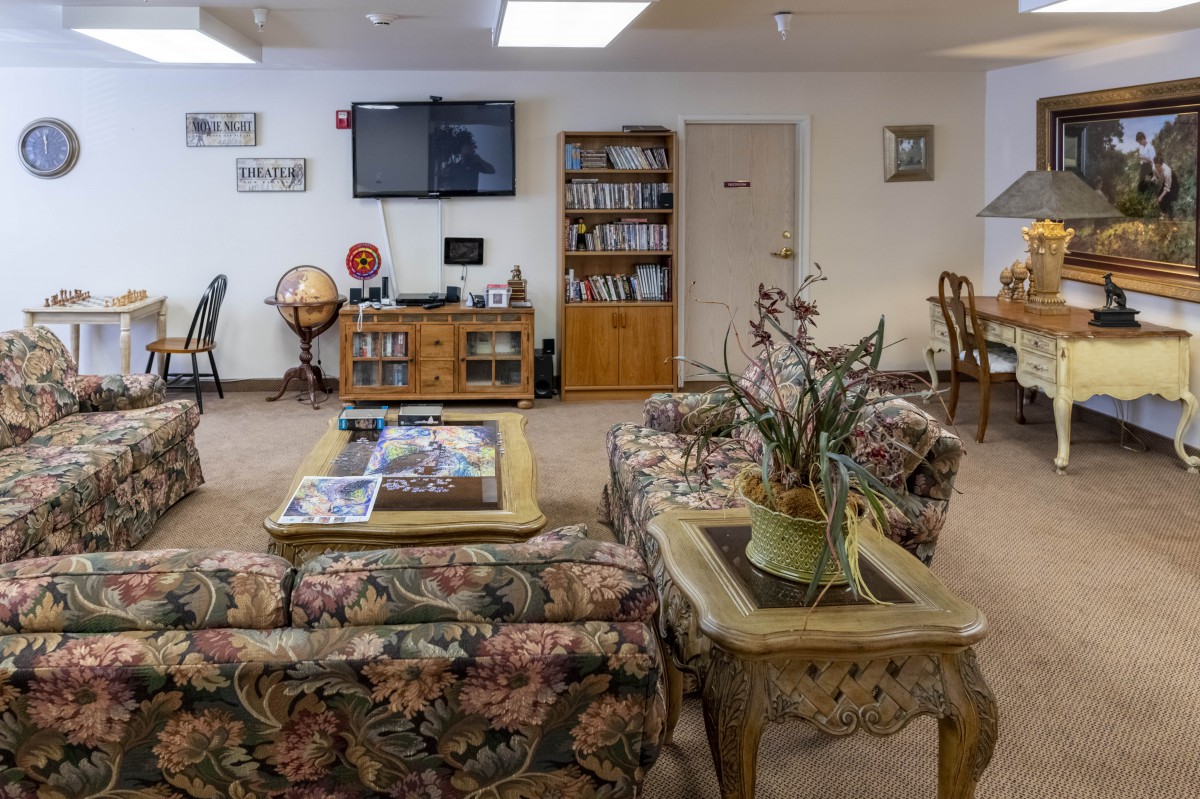 A cozy living room with floral sofas, a television, bookshelf, and decorative items including a globe and indoor plants.