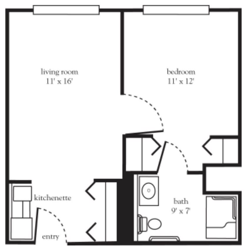 A floor plan of an apartment featuring one bedroom, a living room, kitchen area, and bathroom.
