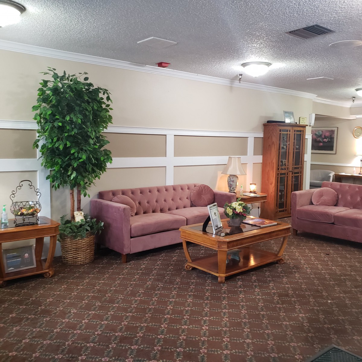 A cozy living room with pink sofas, a wooden coffee table, and indoor plants.