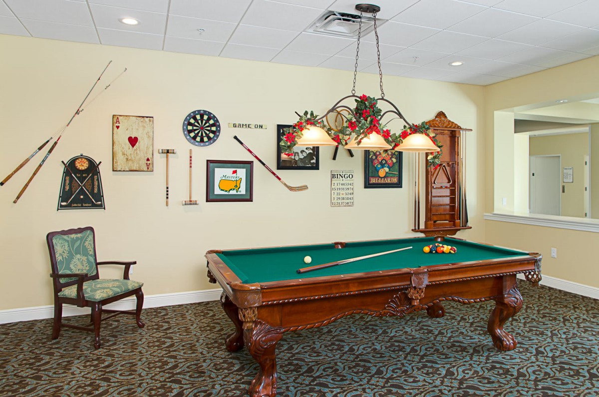 A cozy billiard room featuring a classic pool table and a dartboard on the wall, enhanced by decorative art and a stylish chandelier.