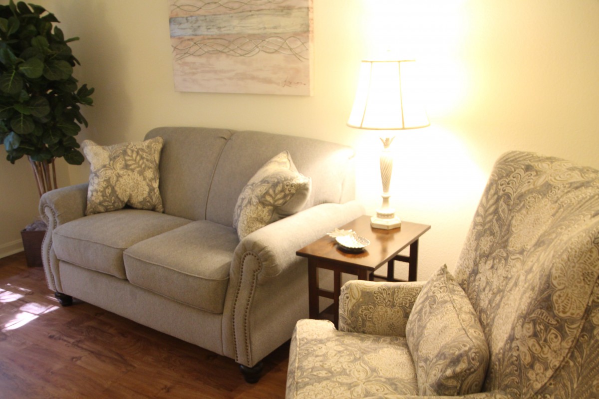 A cozy living room setting featuring a sofa, armchair, side table with a lamp, and decorative pillows.