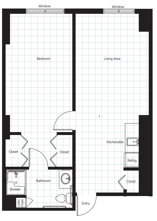 A floor plan of a one-bedroom apartment featuring a living area, kitchen, and bathroom.
