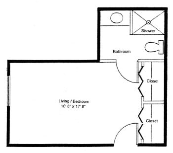 A floor plan of a studio apartment with a combined living and bedroom area, bathroom, and closet space.