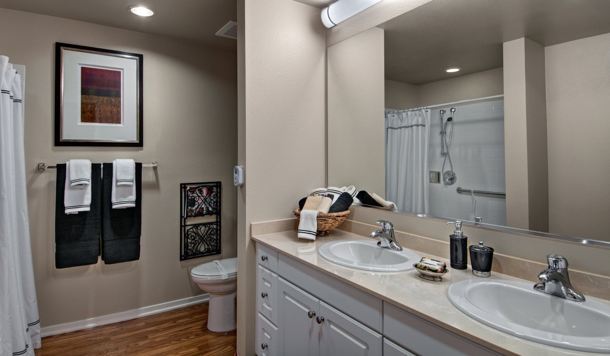 A modern bathroom with a sink, mirror, and shower area.
