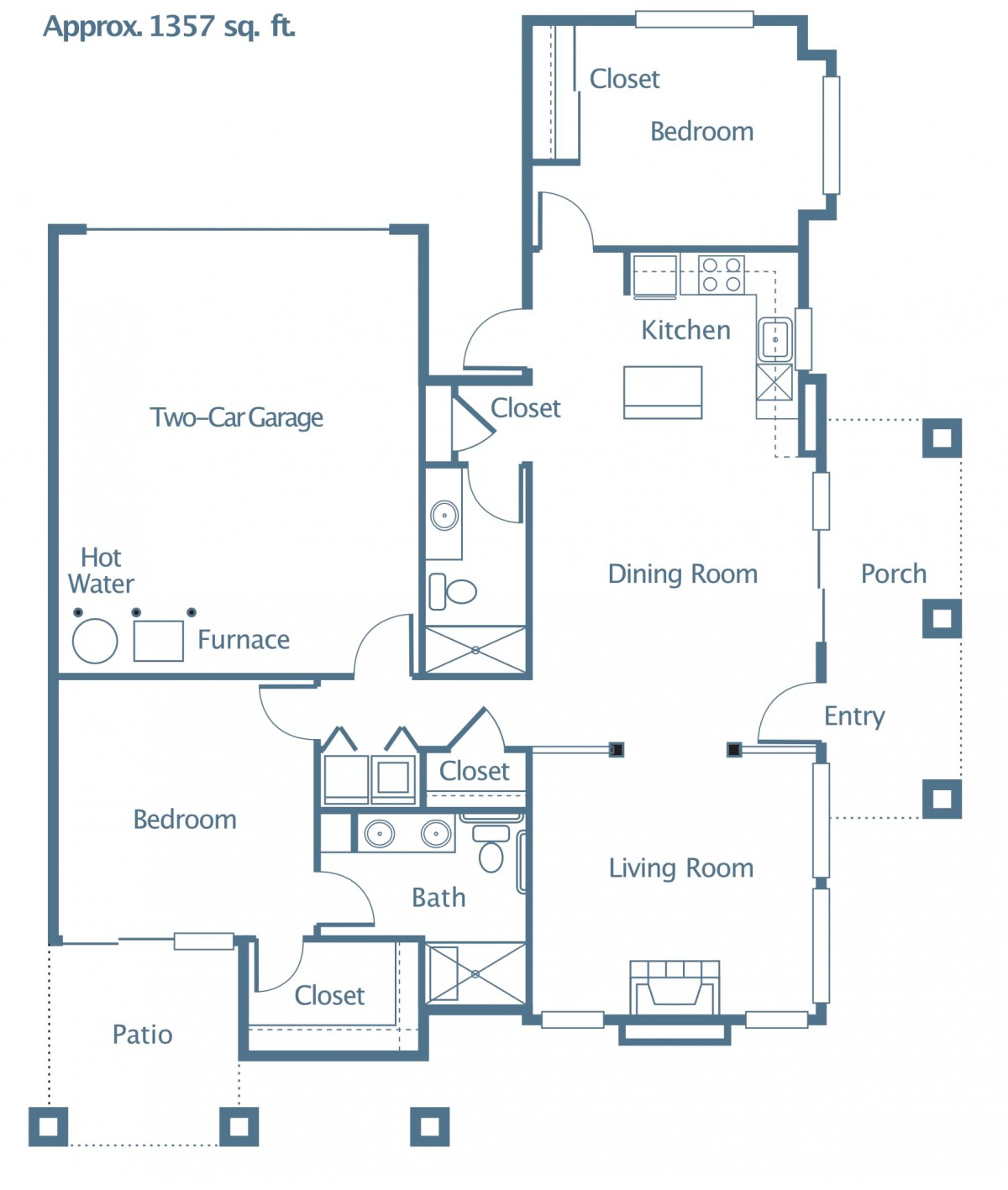 Floor plan of a residential house with two bedrooms, kitchen, dining room, living room, and a two-car garage.