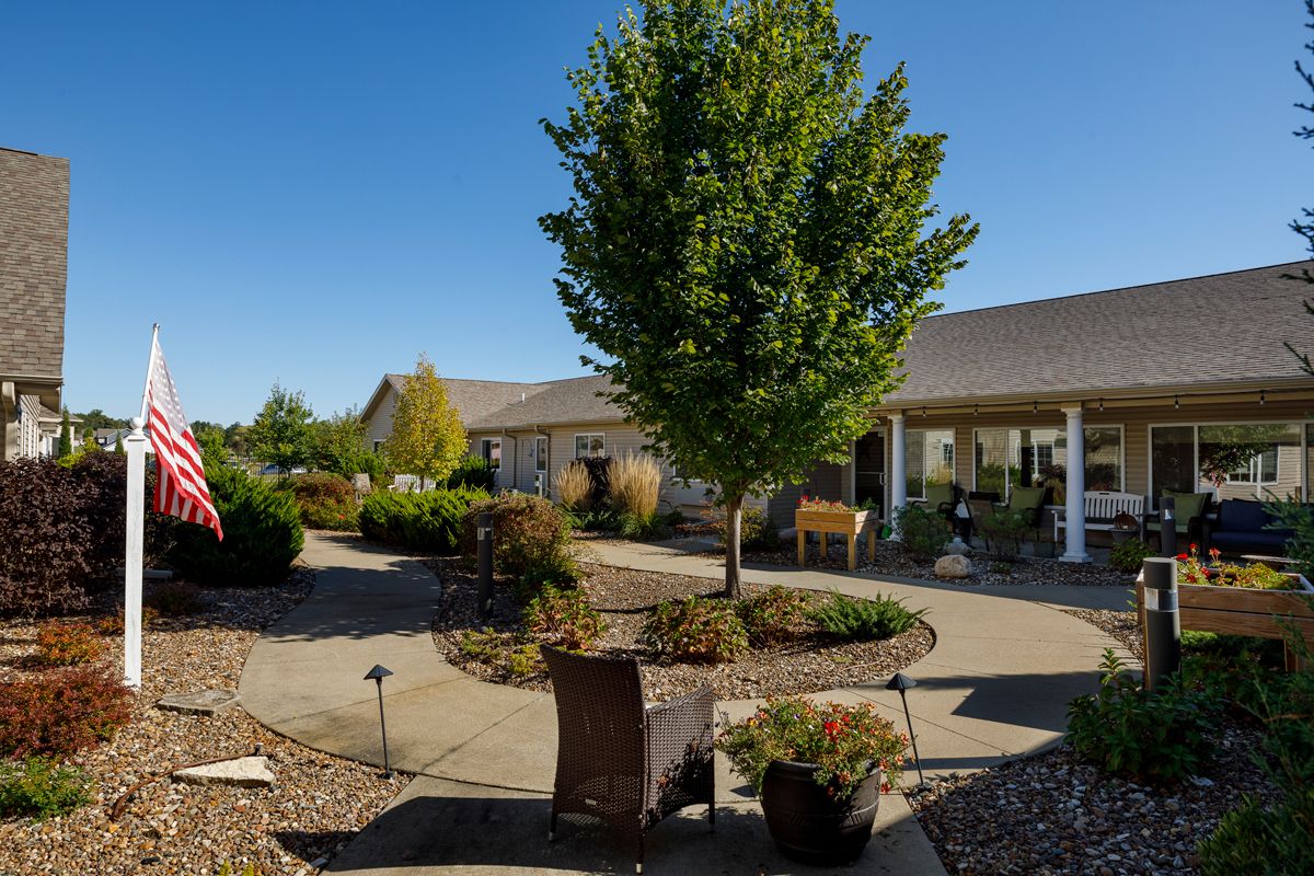 A tranquil courtyard garden with a central tree, surrounded by paved paths and various plants.