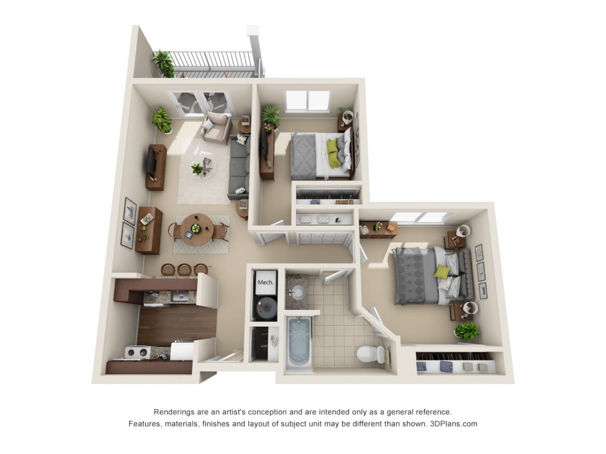 A 3D floor plan of a two-bedroom apartment featuring a living room, kitchen, and bathroom.