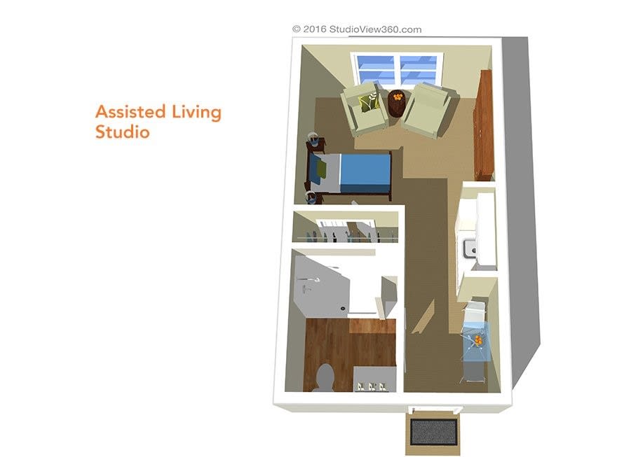 3D floor plan of an assisted living studio apartment.
