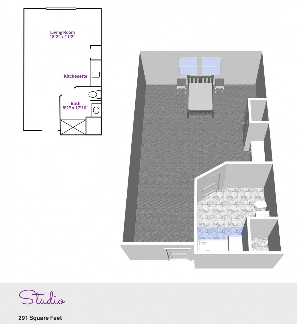 3D rendering and layout of a studio apartment floor plan.