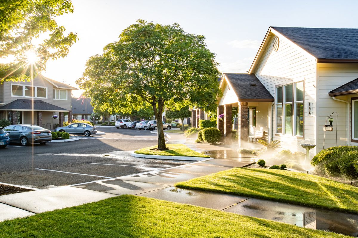 A peaceful suburban neighborhood with houses surrounded by greenery and trees under bright sunlight.