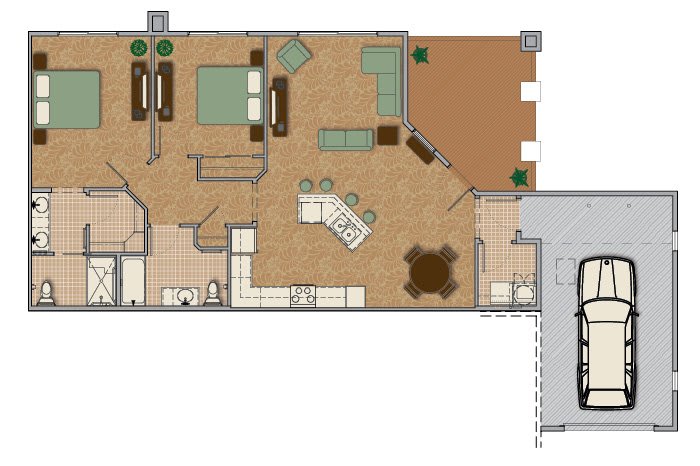 A detailed floor plan of a modern apartment showcasing room layout and furniture arrangement.