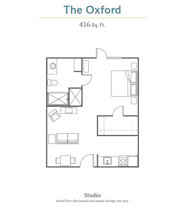 The Oxford studio apartment floor plan with a layout of 416 sq. ft.