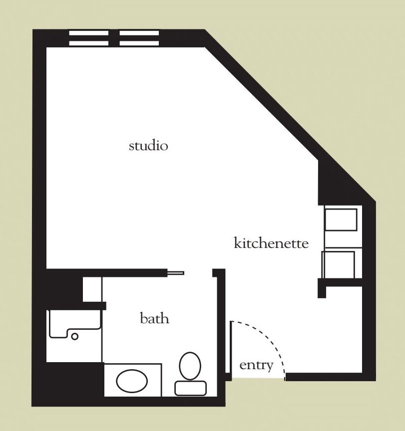A floor plan of a studio apartment featuring a kitchenette and a bathroom.