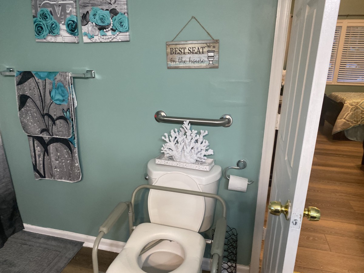 A teal-themed bathroom with decorative elements and accessibility features.