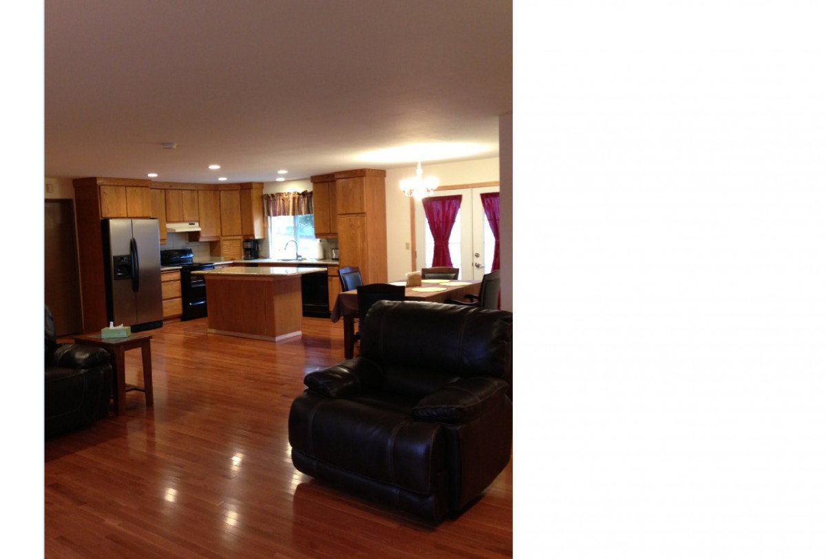 A spacious open-concept kitchen and living area with hardwood floors and modern furnishings.